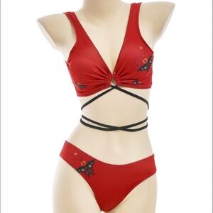 Butterfly Pattern Bikini Set Two Piece Bathing Suit with Cover up Cross Lace Up